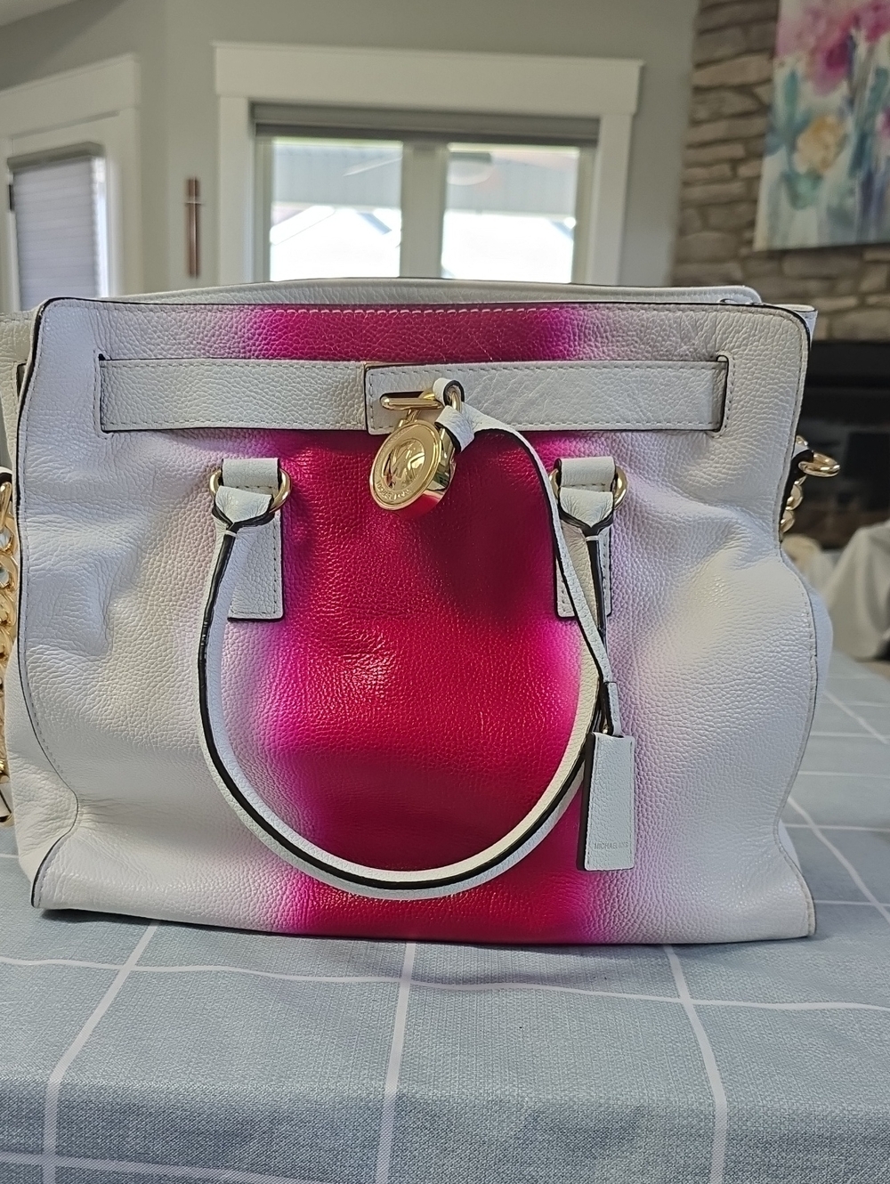 Michael Kors White & Pink Gradient Leather Tote Bag with Gold Accent